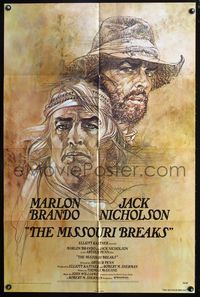 7e587 MISSOURI BREAKS advance 1sh '76 art of Marlon Brando & Jack Nicholson by Bob Peak!