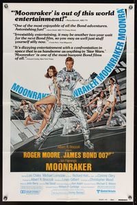 7e595 MOONRAKER review 1sh '79 art of Roger Moore as James Bond & sexy babes by Gouzee!