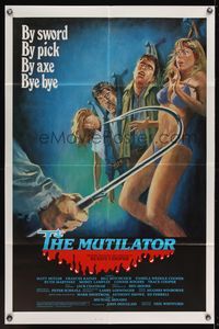 7e612 MUTILATOR 1sh '84 horror art of people hung on wall, by sword, by pick, by axe, bye bye!