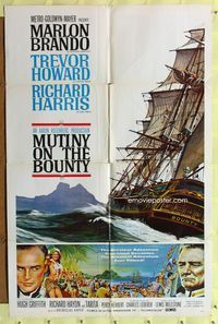 7e614 MUTINY ON THE BOUNTY style B 1sh '62 Marlon Brando, cool seafaring art of ship by Smith!