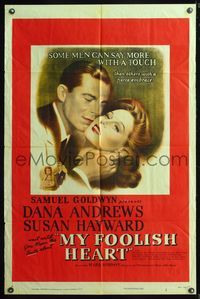 7e623 MY FOOLISH HEART 1sh '50 close up of Susan Hayward & Dana Andrews, written by J.D. Salinger!