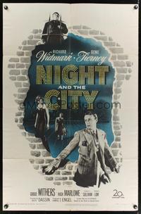 7e640 NIGHT & THE CITY 1sh '50 wrestling promoter Richard Widmark, Gene Tierney on phone!