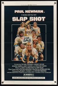 7e817 SLAP SHOT style A 1sh '77 hockey, great art of Paul Newman & cast by Craig!