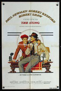 7e840 STING 1sh '74 best artwork of con men Paul Newman & Robert Redford by Richard Amsel!