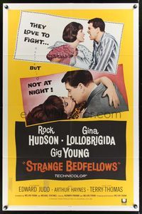 7e842 STRANGE BEDFELLOWS 1sh '65 Gina Lollobrigida & Rock Hudson love to fight, but not at night!