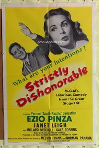 7e848 STRICTLY DISHONORABLE 1sh '51 what are Ezio Pinza's intentions towards Janet Leigh?