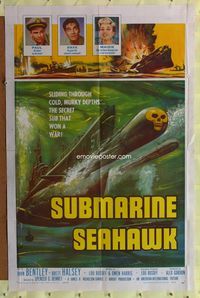 7e853 SUBMARINE SEAHAWK 1sh '59 cool skull head torpedo & naval battle artwork!