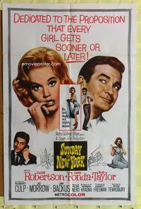 7e855 SUNDAY IN NEW YORK 1sh '64 Rod Taylor propositioning sexy Jane Fonda!