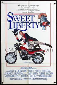 7e864 SWEET LIBERTY 1sh '86 wacky image of patriot Alan Alda on motorcycle!