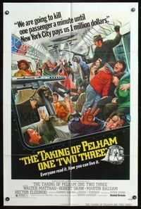 7e868 TAKING OF PELHAM ONE TWO THREE 1sh '74 cool subway train hijack art by Mort Kunstler!