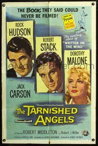 7e871 TARNISHED ANGELS 1sh '58 cool close-up art of Rock Hudson, Robert Stack, & Dorothy Malone!