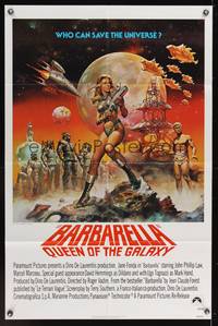 7k061 BARBARELLA 1sh R77 best sexy sci-fi art of Jane Fonda by Boris Vallejo, Roger Vadim!