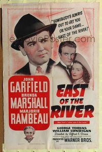 7k186 EAST OF THE RIVER 1sh '40 John Garfield in New York City gets what's coming to him!