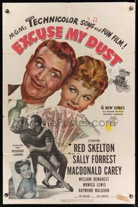 7k205 EXCUSE MY DUST 1sh '51 wacky art of Red Skelton, pretty Sally Forrest!