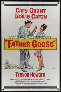 7k218 FATHER GOOSE 1sh '65 art of sea captain Cary Grant yelling at pretty Leslie Caron!