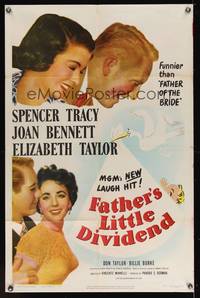 7k220 FATHER'S LITTLE DIVIDEND 1sh '51 art of Elizabeth Taylor, Spencer Tracy & Joan Bennett!