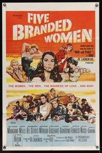 7k227 FIVE BRANDED WOMEN 1sh '60 Silvana Mangano, Vera Miles, Barbara Bel Geddes, Jeanne Moreau