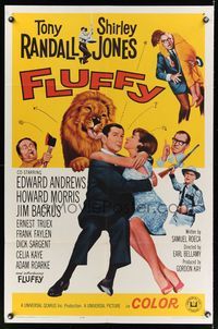 7k231 FLUFFY 1sh '65 great art of huge lion & Tony Randall w/pretty Shirley Jones!