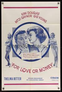 7k232 FOR LOVE OR MONEY military 1sh '63 artwork of Kirk Douglas, Mitzi Gaynor & sexy girls!