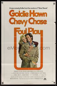 7k235 FOUL PLAY 1sh '78 wacky Lettick art of Goldie Hawn & Chevy Chase, screwball comedy!