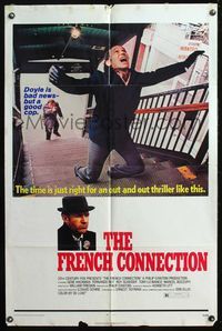 7k239 FRENCH CONNECTION 1sh '71 Gene Hackman in movie chase climax, directed by William Friedkin!