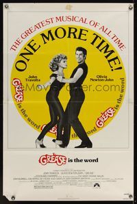 7k268 GREASE 1sh R80 close up of John Travolta & Olivia Newton-John in a most classic musical!