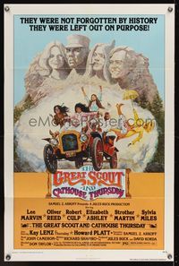 7k270 GREAT SCOUT & CATHOUSE THURSDAY 1sh '76 wacky art of Lee Marvin & cast in Mount Rushmore!