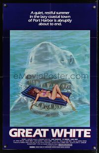 7k271 GREAT WHITE 1sh '82 great artwork of huge shark attacking sexy girl in bikini on raft!