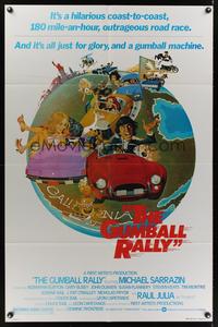 7k278 GUMBALL RALLY style A 1sh '76 Michael Sarrazin, wacky art of car racing around the world!