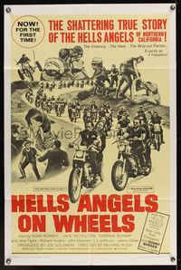 7k296 HELLS ANGELS ON WHEELS 1sh '67 biker gangs, Adam Roarke, Jack Nicholson & Sonny Barger!