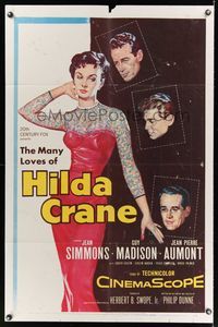 7k300 HILDA CRANE 1sh '56 sexy artwork of full-length Jean Simmons & three men!