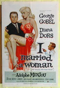 7k316 I MARRIED A WOMAN 1sh '58 artwork of sexiest Diana Dors sitting in George Gobel's lap!