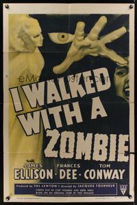 7k319 I WALKED WITH A ZOMBIE style A 1sh R52 Val Lewton, Jacques Tourneur, cool mystery artwork!