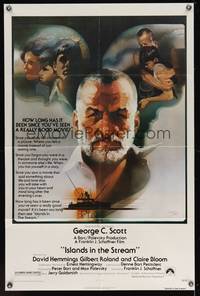 7k329 ISLANDS IN THE STREAM 1sh '77 Ernest Hemingway, great Bob Peak art of George C. Scott & cast