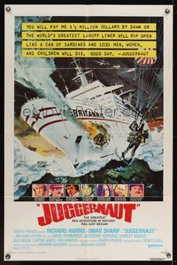 7k345 JUGGERNAUT 1sh '74 Richard Harris, art of ocean liner under attack by Bob McCall!