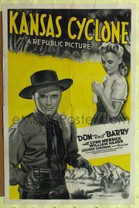 7k350 KANSAS CYCLONE 1sh '41 great cowboy w/six-shooter art of Don Red Barry & sexy Lynn Merrick!