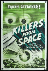 7k357 KILLERS FROM SPACE style A 1sh '54 bulb-eyed men invade Earth from flying saucers, cool art!