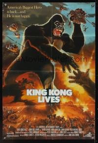 7k359 KING KONG LIVES 1sh '86 great artwork of huge unhappy ape attacked by army!