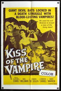 7k364 KISS OF THE VAMPIRE military 1sh '63 Hammer, cool art of devil bats attacking by Joseph Smith!