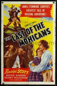 7k383 LAST OF THE MOHICANS 1sh R51 Randolph Scott, from James Fenimore Cooper's novel!