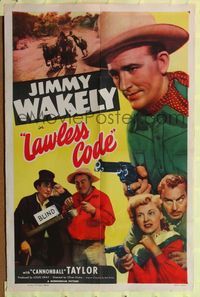 7k387 LAWLESS CODE 1sh '49 great close up of cowboy Jimmy Wakely holding gun & riding horse!