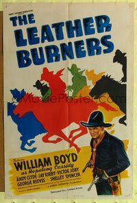 7k390 LEATHER BURNERS style A 1sh '43 cool colorful artwork of William Boyd as Hopalong Cassidy!