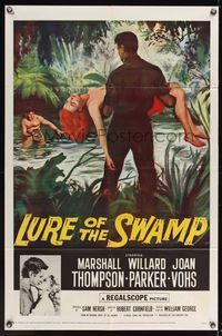 7k416 LURE OF THE SWAMP 1sh '57 two men & a super sexy woman find their destination is Hell!