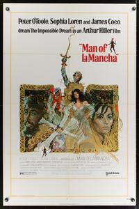 7k429 MAN OF LA MANCHA 1sh '72 Peter O'Toole, Sophia Loren, cool Ted CoConis art!