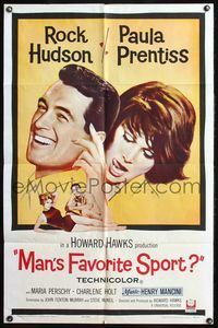 7k433 MAN'S FAVORITE SPORT 1sh '64 fake fishing expert Rock Hudson falls in love w/Paula Prentiss!