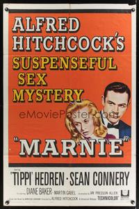 7k438 MARNIE 1sh '64 Sean Connery & Tippi Hedren in Alfred Hitchcock's suspenseful sex mystery!