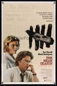 7k451 MEAN SEASON 1sh '85 Kurt Russell, Mariel Hemingway, cool newspaper design!