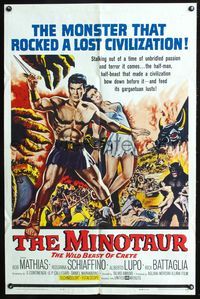 7k465 MINOTAUR 1sh '61 art of barechested gladiator Bob Mathias & sexy Rosanna Schiaffino!