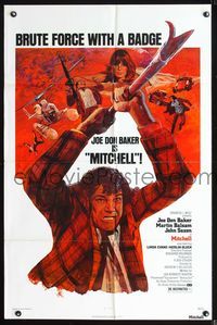 7k471 MITCHELL 1sh '75 art of Joe Don Baker in title role with harpoon!