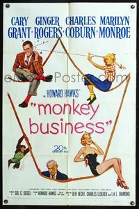 7k475 MONKEY BUSINESS 1sh '52 Cary Grant, Ginger Rogers, sexy Marilyn Monroe, Charles Coburn